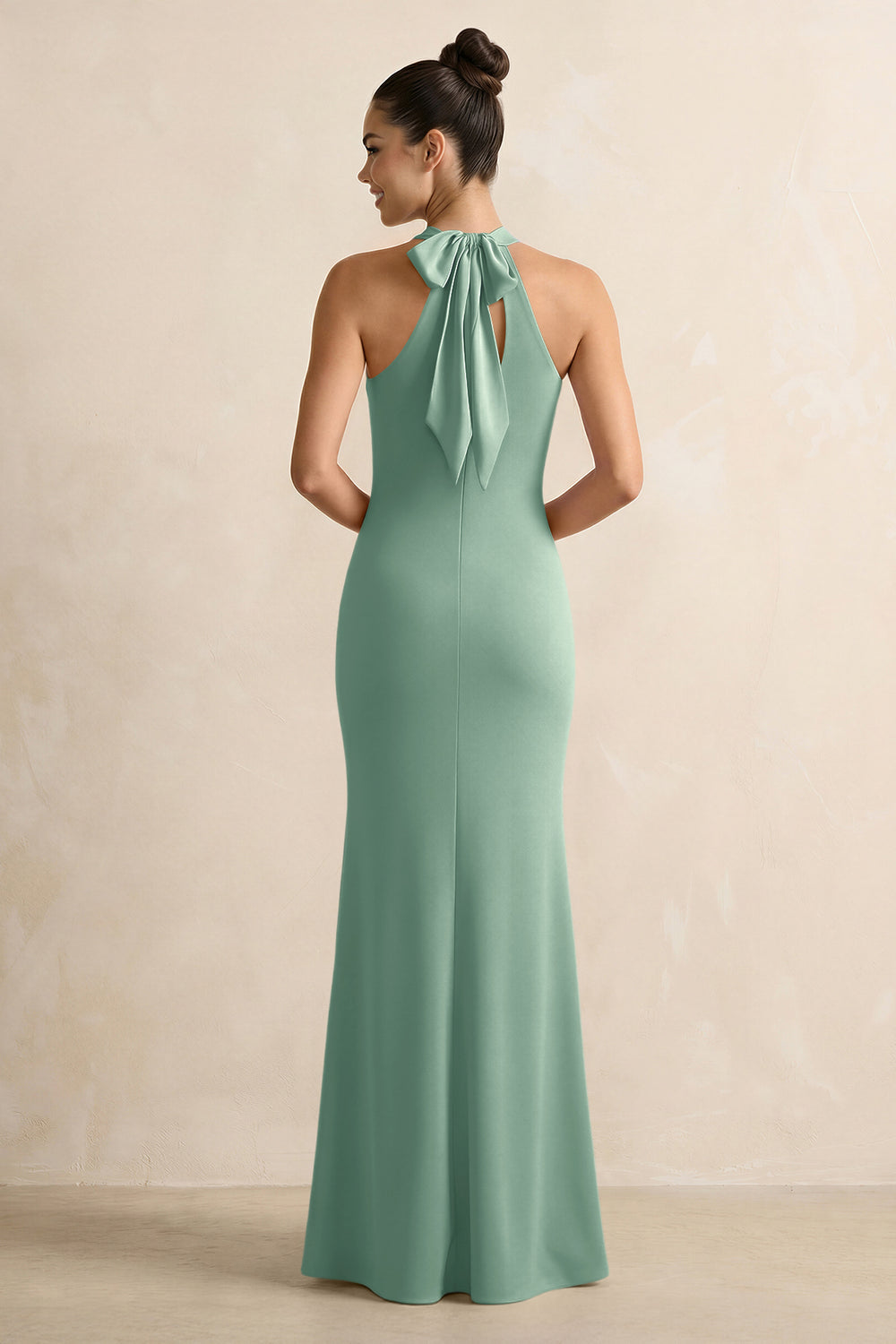 Crisscross Halter Sheath Satin Bridesmaid Dress with Bow in Mint Green