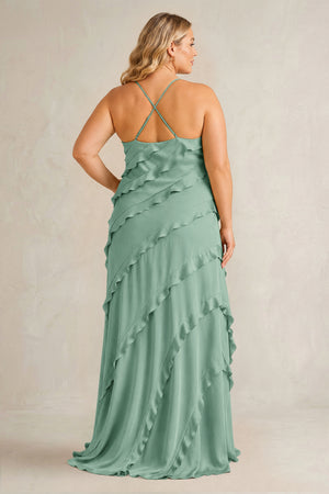 Mint Green Spaghetti Straps Sheath Stain Ruffled Bridesmaid Dress (2) | KISSBRIDAL[sizeplus]