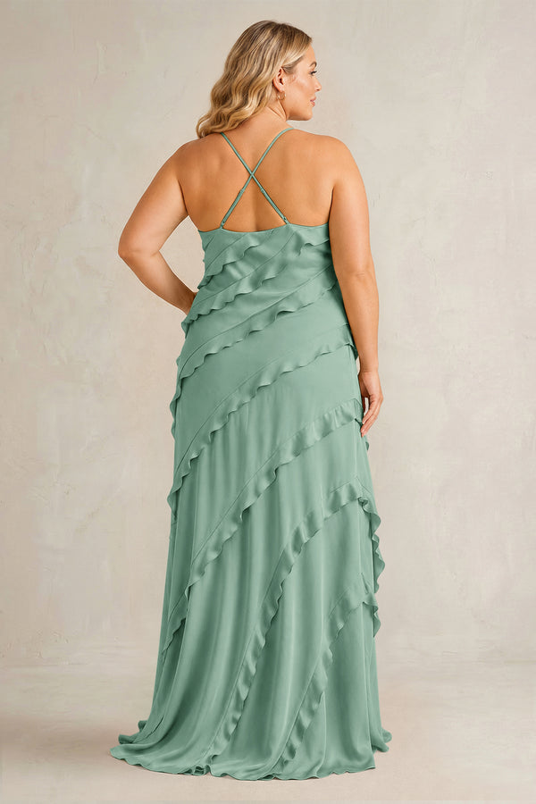 Mint Green Spaghetti Straps Sheath Stain Ruffled Bridesmaid Dress (2) | KISSBRIDAL[sizeplus]