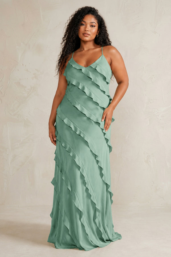 Mint Green Spaghetti Straps Sheath Stain Ruffled Bridesmaid Dress (3) | KISSBRIDAL[sizeplus]
