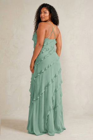 Mint Green Spaghetti Straps Sheath Stain Ruffled Bridesmaid Dress (4) | KISSBRIDAL[sizeplus]