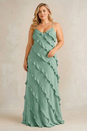 Mint Green Spaghetti Straps Sheath Stain Ruffled Bridesmaid Dress | KISSBRIDAL[sizeplus]