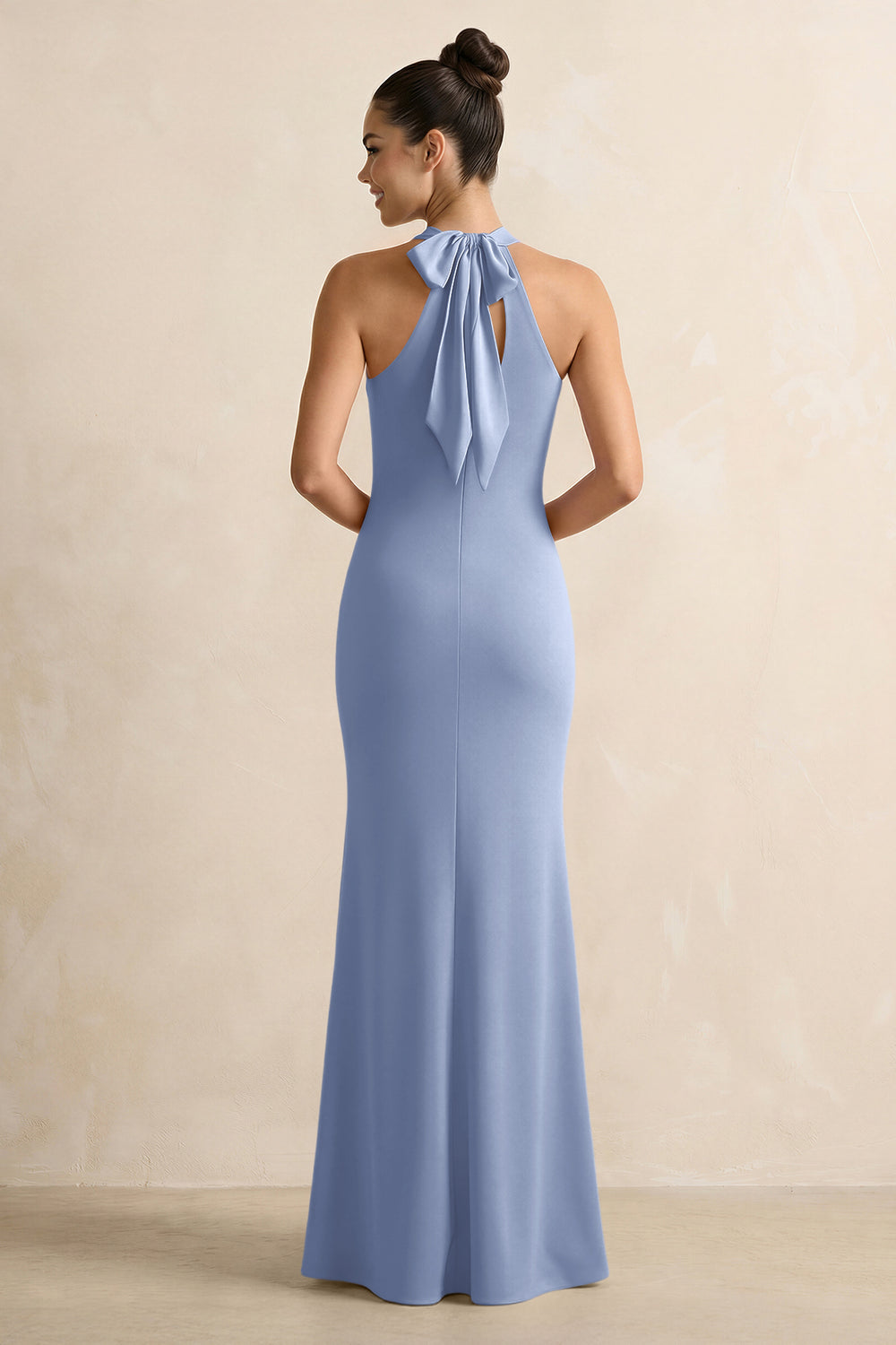 Crisscross Halter Sheath Satin Bridesmaid Dress with Bow in Mist