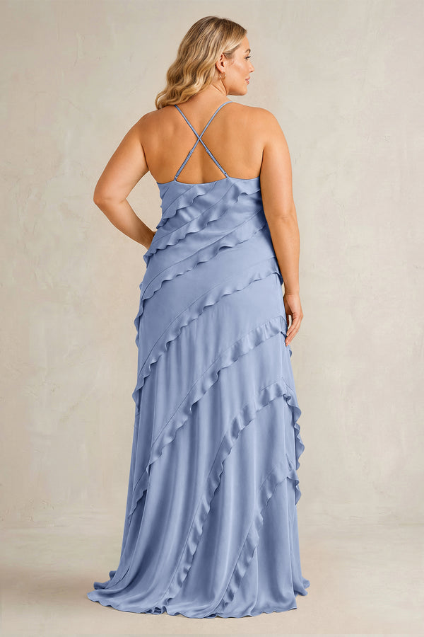 Mist Spaghetti Straps Sheath Stain Ruffled Bridesmaid Dress (2) | KISSBRIDAL[sizeplus]