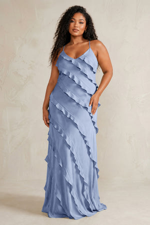 Mist Spaghetti Straps Sheath Stain Ruffled Bridesmaid Dress (3) | KISSBRIDAL[sizeplus]
