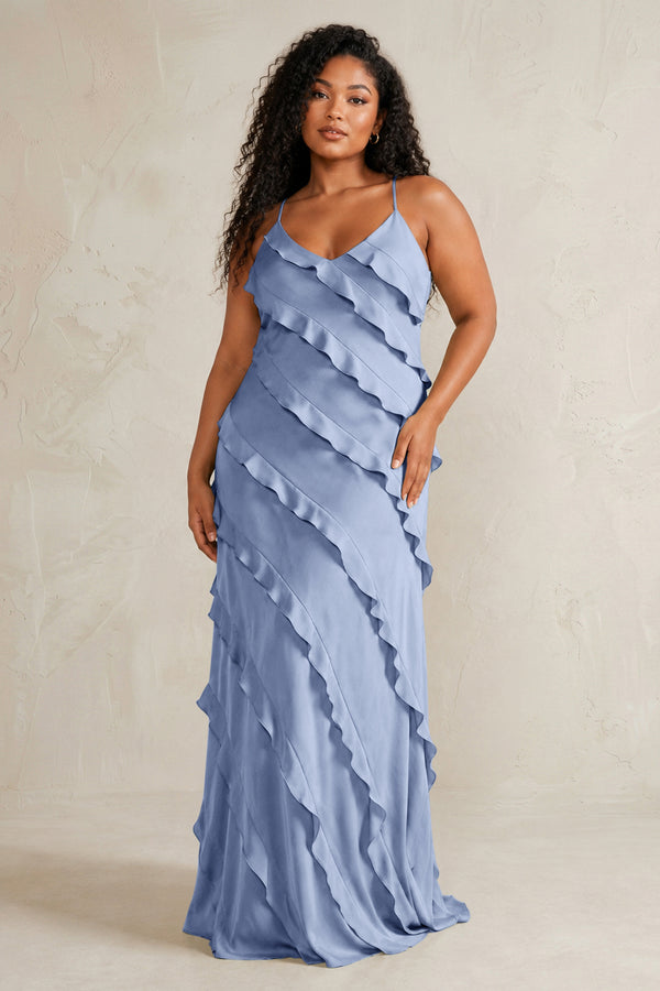 Mist Spaghetti Straps Sheath Stain Ruffled Bridesmaid Dress (3) | KISSBRIDAL[sizeplus]