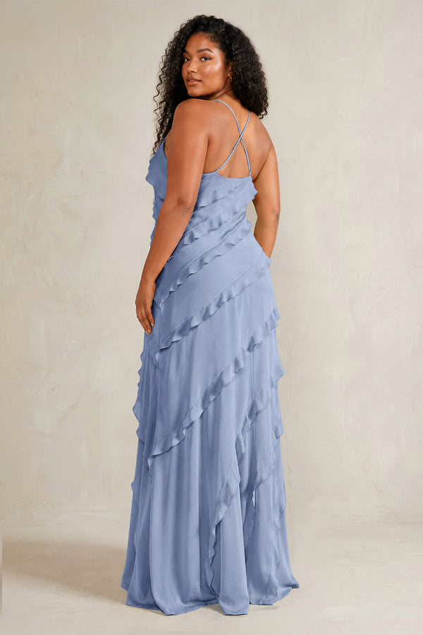 Mist Spaghetti Straps Sheath Stain Ruffled Bridesmaid Dress (4) | KISSBRIDAL[sizeplus]