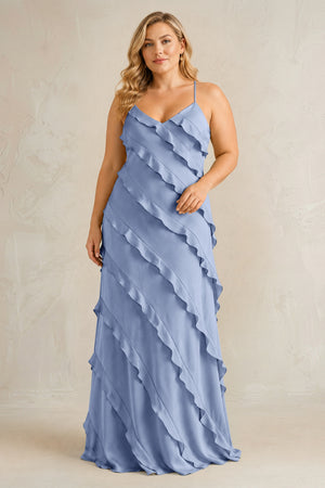 Mist Spaghetti Straps Sheath Stain Ruffled Bridesmaid Dress | KISSBRIDAL[sizeplus]