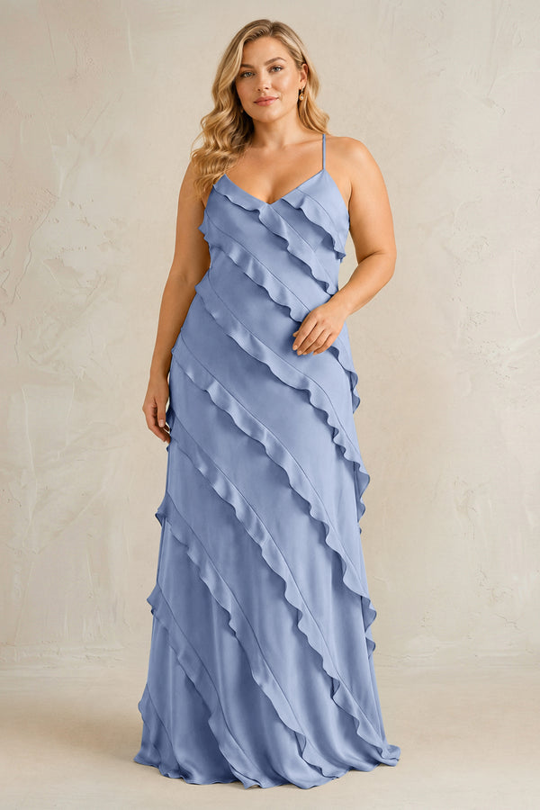 Mist Spaghetti Straps Sheath Stain Ruffled Bridesmaid Dress | KISSBRIDAL[sizeplus]