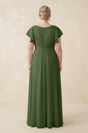 Moss Cap Sleeve Ruffled A-Line Chiffon Bridesmaid Dress (2) | KISSBRIDAL