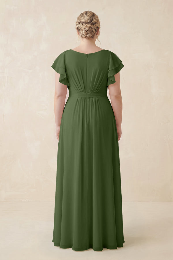 Moss Cap Sleeve Ruffled A-Line Chiffon Bridesmaid Dress (2) | KISSBRIDAL
