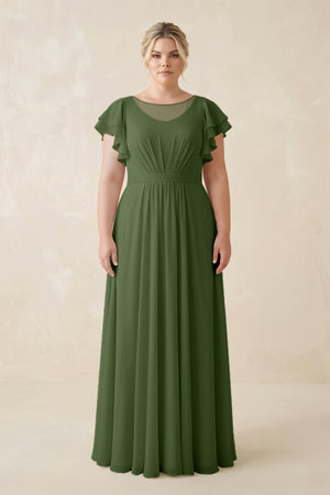 Moss Cap Sleeve Ruffled A-Line Chiffon Bridesmaid Dress | KISSBRIDAL