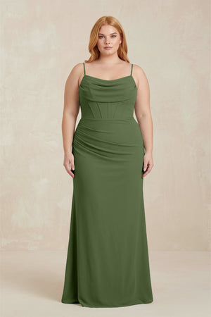 Moss Cowl Neck Sheath Chiffon Bridesmaid Dress with Corset [sizeplus] | KISSBRIDAL