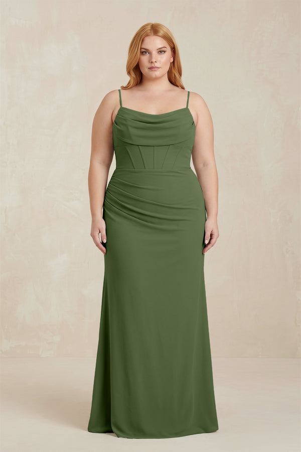 Moss Cowl Neck Sheath Chiffon Bridesmaid Dress with Corset [sizeplus] | KISSBRIDAL