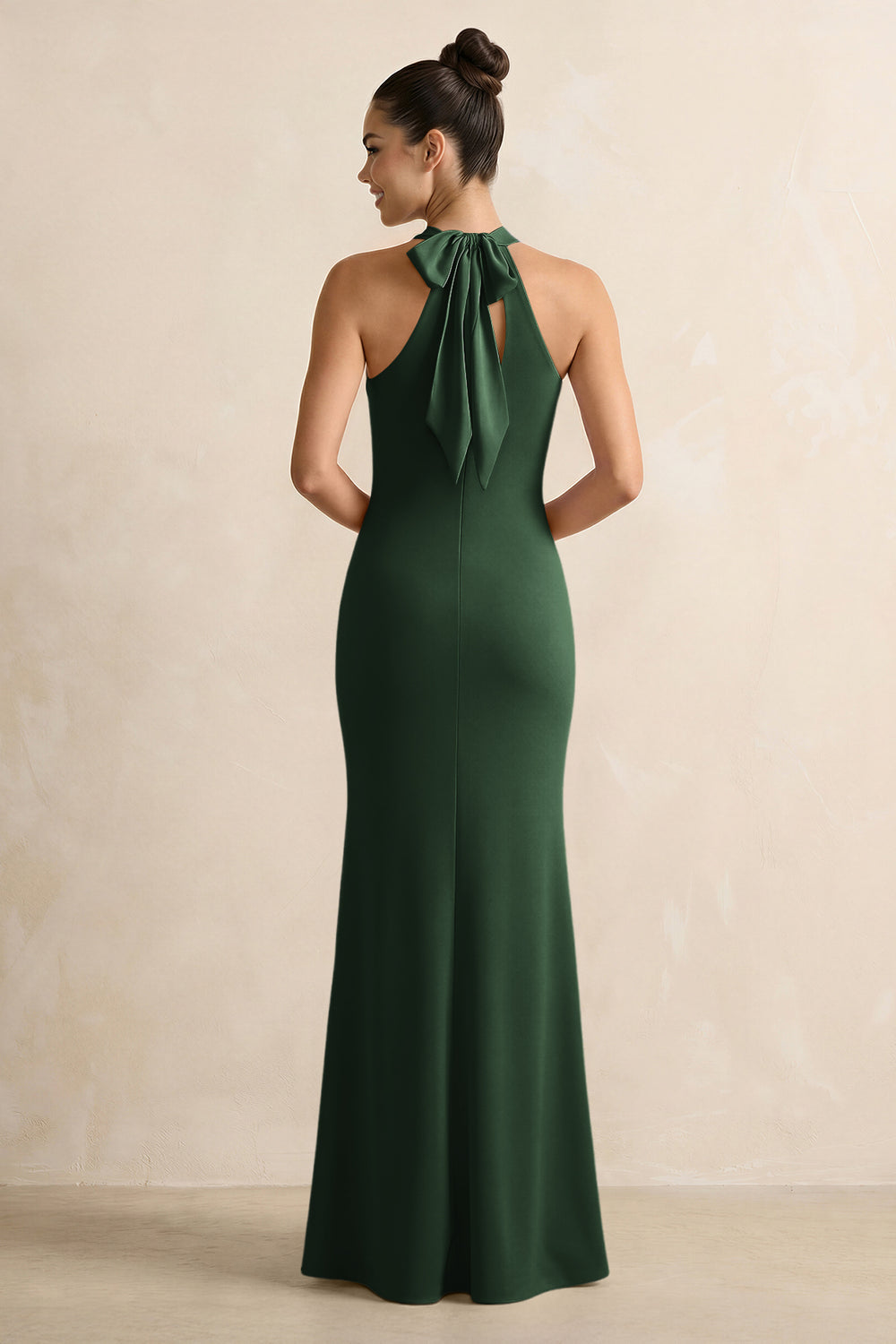 Crisscross Halter Sheath Satin Bridesmaid Dress with Bow in Moss