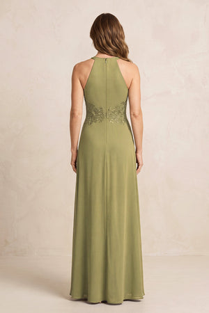 Moss Green A-Line Chiffon Embroidered Halter Mother of the Bride Dress (2) | KISSBRIDAL