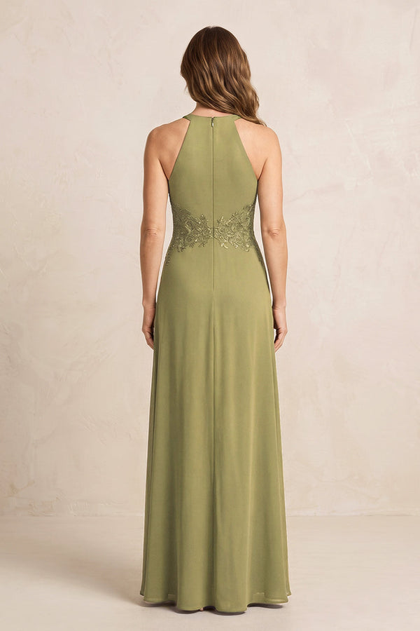 Moss Green A-Line Chiffon Embroidered Halter Mother of the Bride Dress (2) | KISSBRIDAL