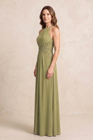 Moss Green A-Line Chiffon Embroidered Halter Mother of the Bride Dress (3) | KISSBRIDAL