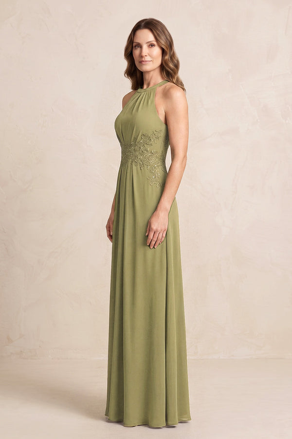 Moss Green A-Line Chiffon Embroidered Halter Mother of the Bride Dress (3) | KISSBRIDAL