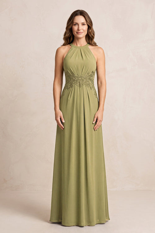 Moss Green A-Line Chiffon Embroidered Halter Mother of the Bride Dress | KISSBRIDAL