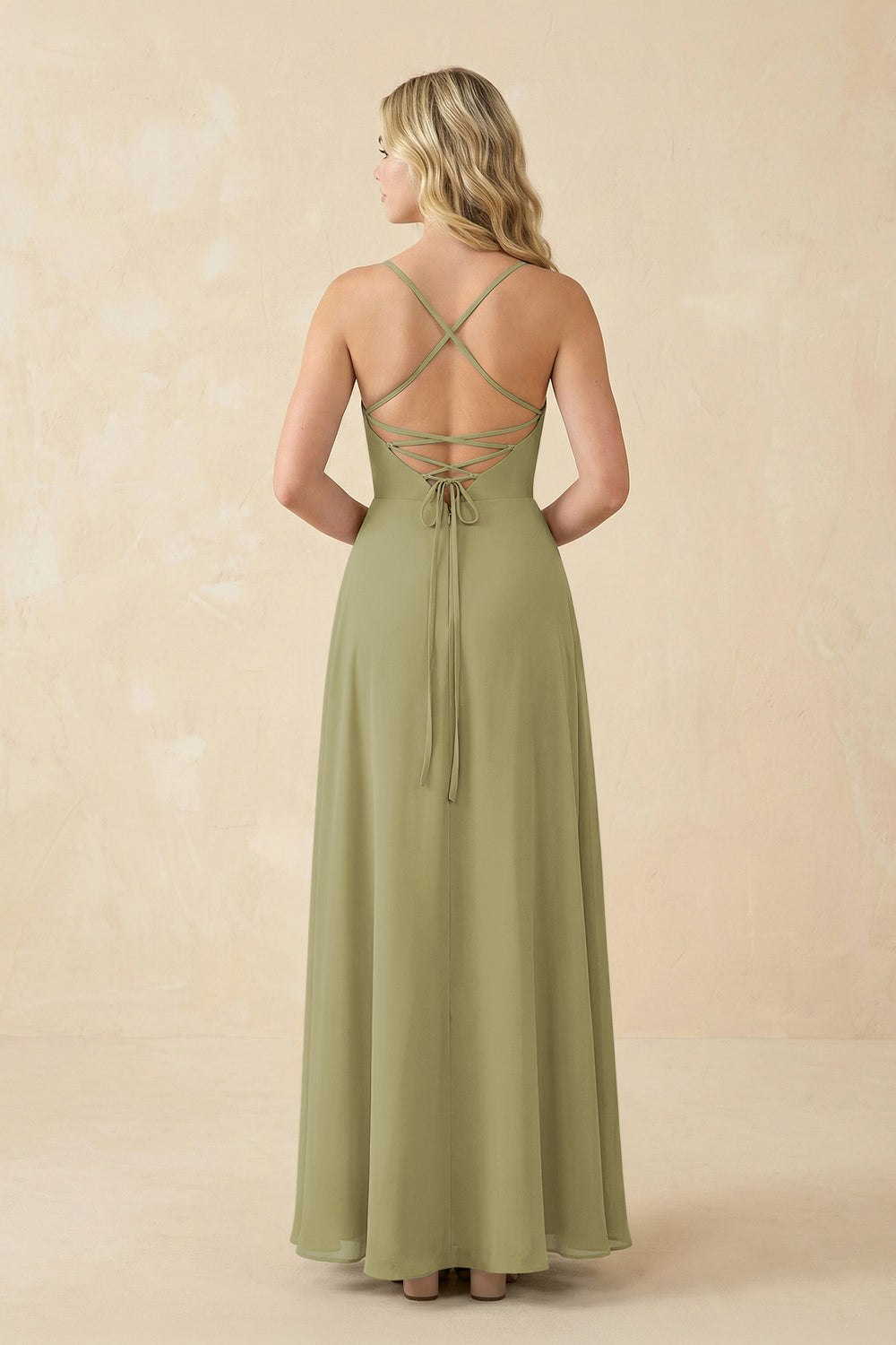 A-Line Chiffon Spaghetti Strap Bridesmaid Dress in Moss Green