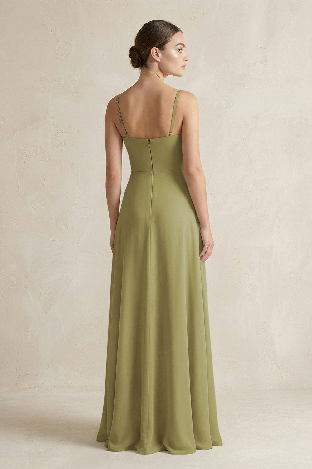 A-Line Chiffon Spaghetti Strap Bridesmaid Dress in Moss Green