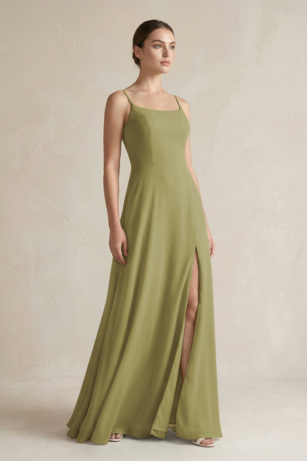 A-Line Chiffon Spaghetti Strap Bridesmaid Dress in Moss Green