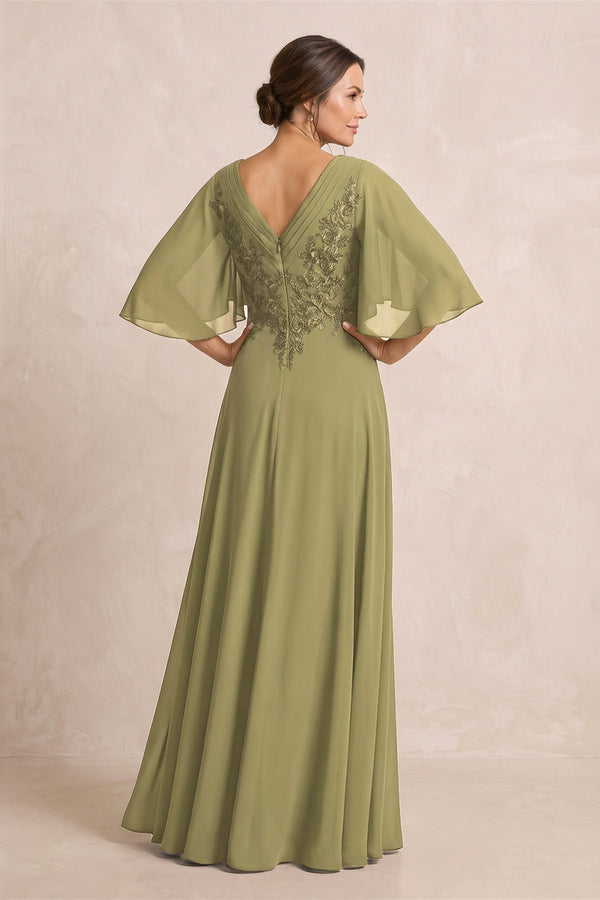 Moss Green A-Line Embroidered Chiffon Mother of the Bride Dress With Sleeves (2) | KISSBRIDAL