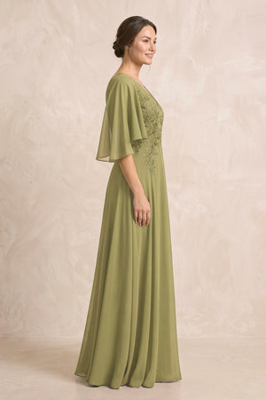 Moss Green A-Line Embroidered Chiffon Mother of the Bride Dress With Sleeves (3) | KISSBRIDAL