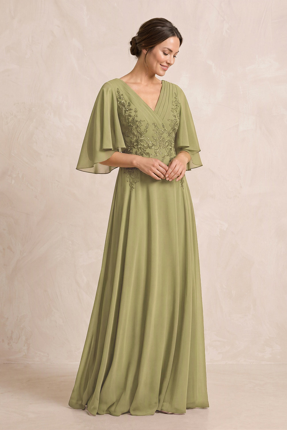 Moss Green A-Line Embroidered Chiffon Mother of the Bride Dress With Sleeves