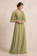 Moss Green A-Line Embroidered Chiffon Mother of the Bride Dress With Sleeves | KISSBRIDAL