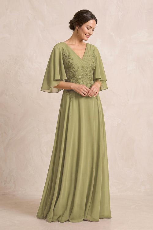 Moss Green A-Line Embroidered Chiffon Mother of the Bride Dress With Sleeves | KISSBRIDAL