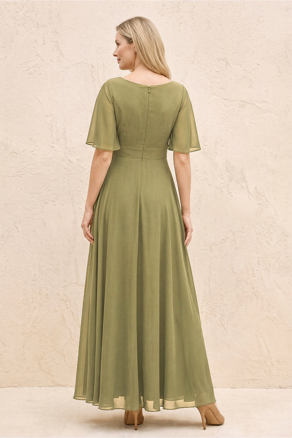 Moss Green A-Line Flutter Sleeves Chiffon Mother of the Bride Dress (2) | KISSBRIDAL