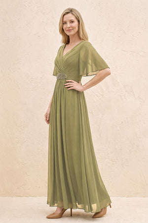 Moss Green A-Line Flutter Sleeves Chiffon Mother of the Bride Dress (3) | KISSBRIDAL