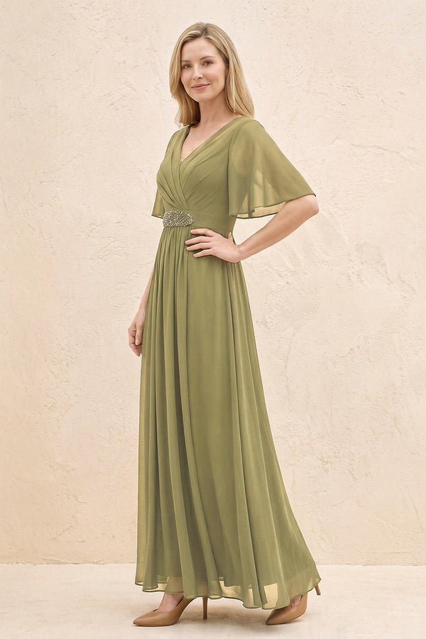 Moss Green A-Line Flutter Sleeves Chiffon Mother of the Bride Dress (3) | KISSBRIDAL