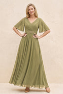 Moss Green A-Line Flutter Sleeves Chiffon Mother of the Bride Dress | KISSBRIDAL