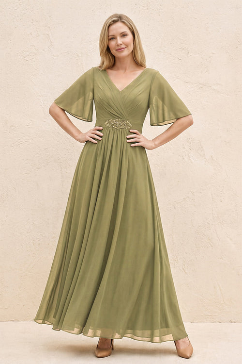 Moss Green A-Line Flutter Sleeves Chiffon Mother of the Bride Dress | KISSBRIDAL