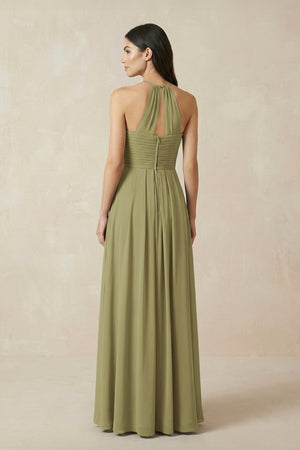Moss Green A-Line Halter Neck Pleated Chiffon Bridesmaid Dress (2) | KISSBRIDAL