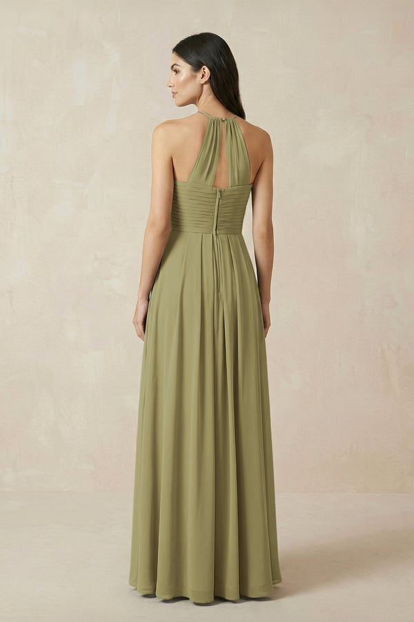 Moss Green A-Line Halter Neck Pleated Chiffon Bridesmaid Dress (2) | KISSBRIDAL