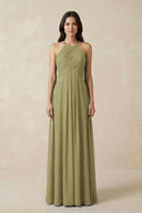 Moss Green A-Line Halter Neck Pleated Chiffon Bridesmaid Dress | KISSBRIDAL