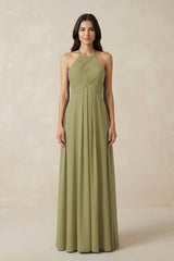 Moss Green A-Line Halter Neck Pleated Chiffon Bridesmaid Dress | KISSBRIDAL