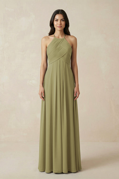 Moss Green A-Line Halter Neck Pleated Chiffon Bridesmaid Dress | KISSBRIDAL