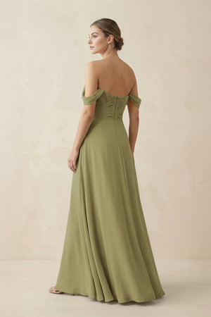 Moss Green A-Line Off-the-Shoulder Chiffon Bridesmaid Dress (2) | KISSBRIDAL