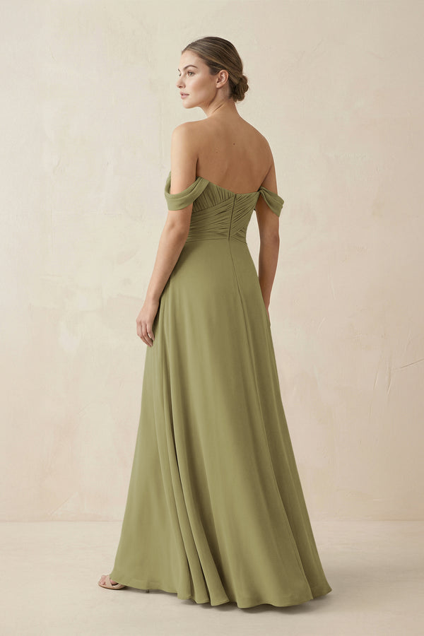 Moss Green A-Line Off-the-Shoulder Chiffon Bridesmaid Dress (2) | KISSBRIDAL