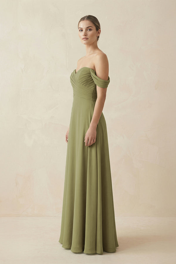 Moss Green A-Line Off-the-Shoulder Chiffon Bridesmaid Dress (3) | KISSBRIDAL