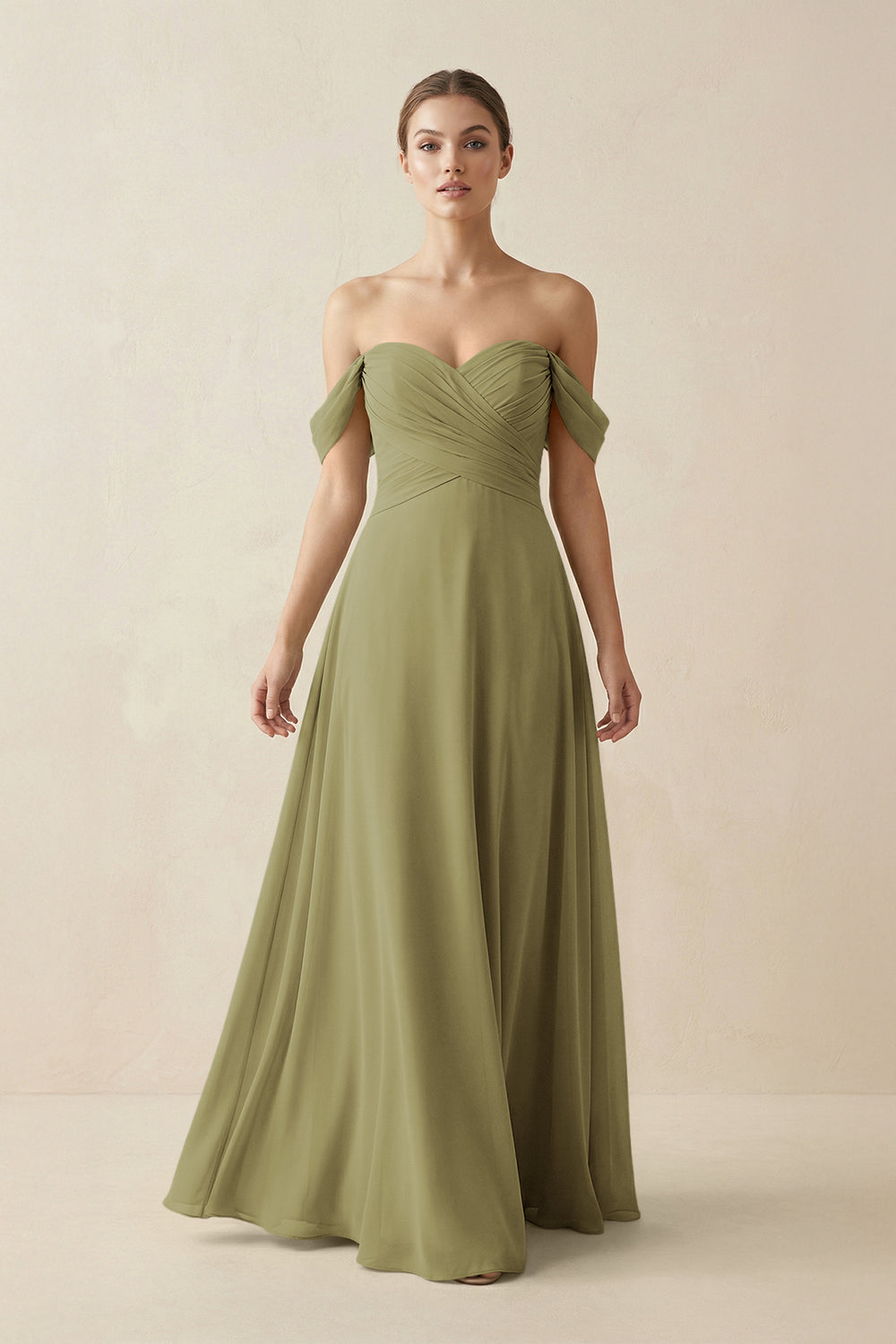 A-Line Off-the-Shoulder Chiffon Bridesmaid Dress in Moss Green