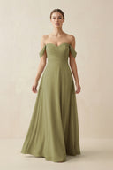 Moss Green A-Line Off-the-Shoulder Chiffon Bridesmaid Dress | KISSBRIDAL