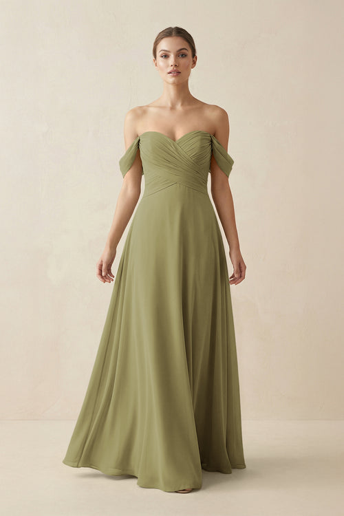Moss Green A-Line Off-the-Shoulder Chiffon Bridesmaid Dress | KISSBRIDAL