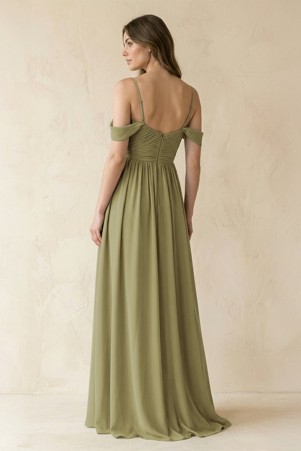 A-Line Off-the-Shoulder Pleated Chiffon Bridesmaid Dress in Moss Green