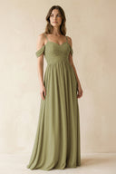 Moss Green A-Line Off-the-Shoulder Pleated Chiffon Bridesmaid Dress | KISSBRIDAL